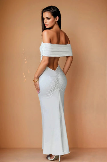 Luna Muse Off-Shoulder Maxi Dress - White close up detail of off-shoulder design and fabric