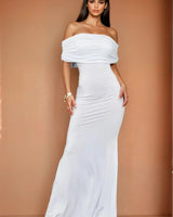 Luna Muse Off-Shoulder Maxi Dress - White front view showing full-length maxi silhouette