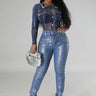Lustrous Silver Jeans with Stretch Fit close up of stretch fabric and construction detail