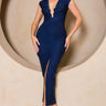 Luxe Contour Ruched Midi Dress (Blue) front view showing full midi length silhouette