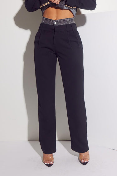 Luxe Denim Contrast Blazer & Pants Set Black Grey Wash - Palazzo Couture Online
