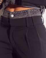 Luxe Denim Contrast Blazer & Pants Set Black Grey Wash - Palazzo Couture Online