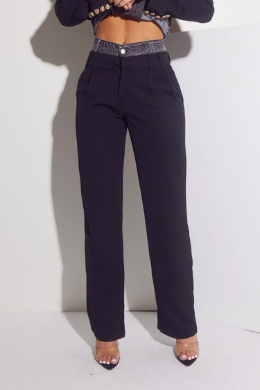 Luxe Denim Contrast Blazer & Pants Set Black Grey Wash showing coordinated top and pants construction