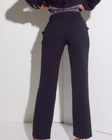 Luxe Denim Contrast Blazer & Pants Set Black Grey Wash full body look paired with heels and accessories