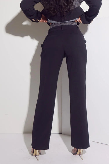 Luxe Denim Contrast Blazer & Pants Set Black Grey Wash full body look paired with heels and accessories