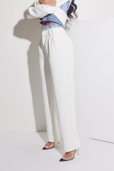 Luxe Denim Contrast Blazer & Pants Set Ivory Light Wash - Palazzo Couture Online