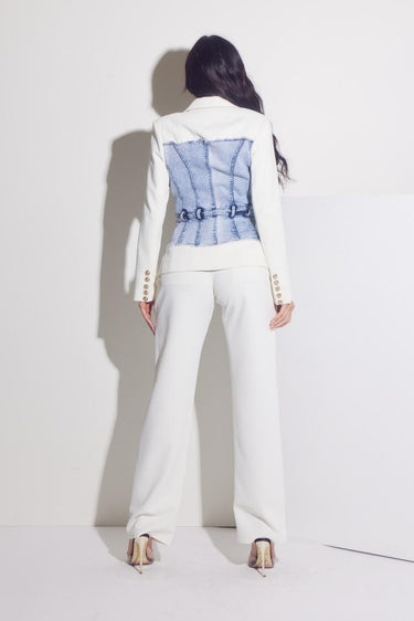 Luxe Denim Contrast Blazer & Pants Set Ivory Light Wash - Palazzo Couture Online