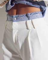 Luxe Denim Contrast Blazer & Pants Set Ivory Light Wash - Palazzo Couture Online