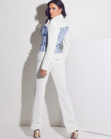 Luxe Denim Contrast Blazer & Pants Set Ivory Light Wash front view showing complete two piece pant set