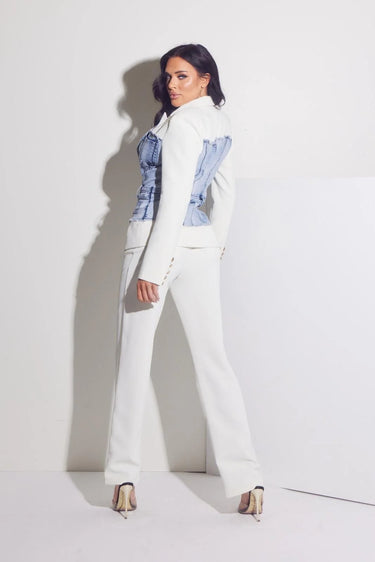 Luxe Denim Contrast Blazer & Pants Set Ivory Light Wash front view showing complete two piece pant set