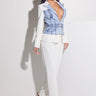 Luxe Denim Contrast Blazer & Pants Set Ivory Light Wash close up of blazer top design and fabric detail