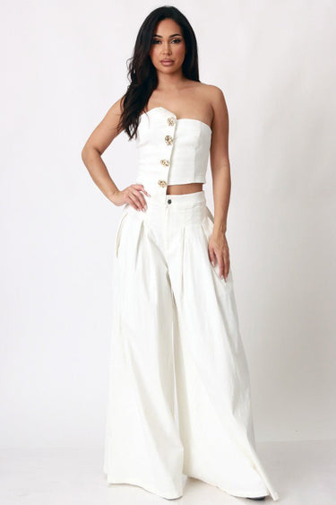 Luxe Denim Smocked Tube Top & Wide - Leg Pants Set - white - Palazzo Couture Online