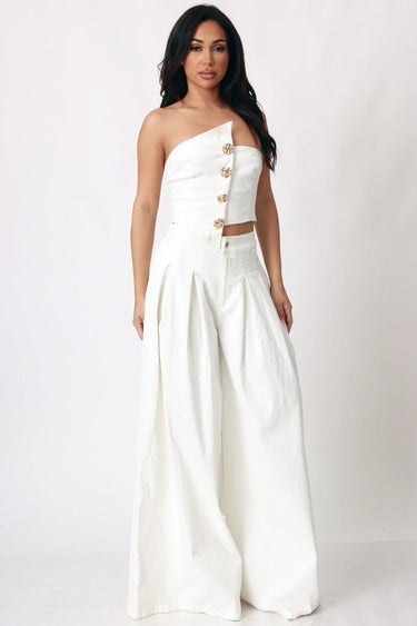 Luxe Denim Smocked Tube Top & Wide - Leg Pants Set - white - Palazzo Couture Online
