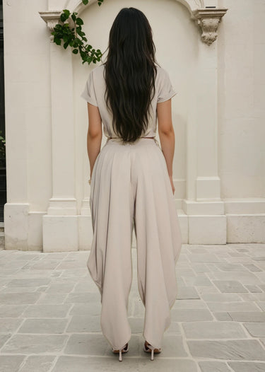 Luxe Drape Pleated Pant Set - Beige - Palazzo Couture Online