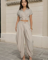 Luxe Drape Pleated Pant Set - Beige - Palazzo Couture Online