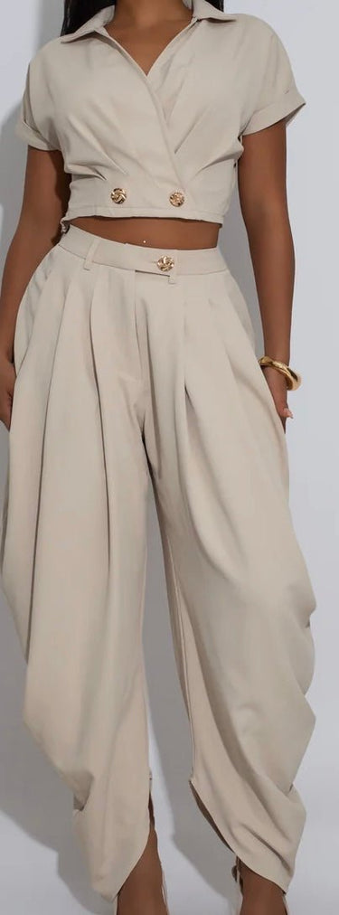 Luxe Drape Pleated Pant Set - Beige - Palazzo Couture Online