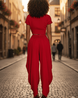 Luxe Drape Pleated Pant Set - Red - Palazzo Couture Online