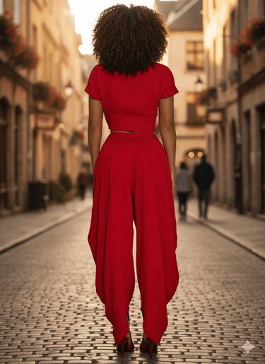 Luxe Drape Pleated Pant Set - Red - Palazzo Couture Online