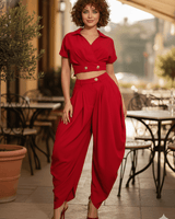 Luxe Drape Pleated Pant Set - Red - Palazzo Couture Online
