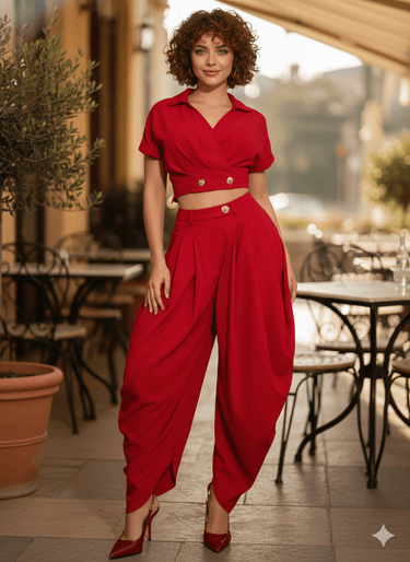 Luxe Drape Pleated Pant Set - Red - Palazzo Couture Online