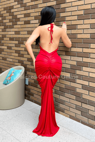 Luxe Draped Evening Gown Dress (Red) - Palazzo Couture Online