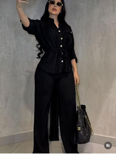 Luxe Essence Pleated Pant Set - Black - Palazzo Couture Online