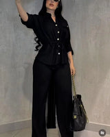 Luxe Essence Pleated Pant Set - Black front view showing complete two piece pant set