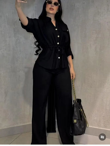 Luxe Essence Pleated Pant Set - Black front view showing complete two piece pant set