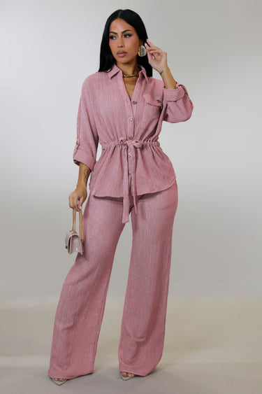 Luxe Essence Pleated Pant Set - Pink - Palazzo Couture Online