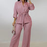 Luxe Essence Pleated Pant Set - Pink front view showing complete two piece pant set