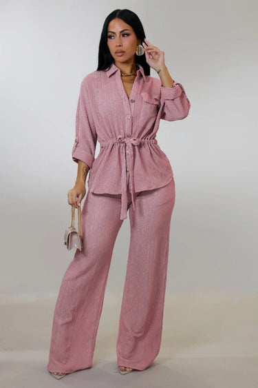 Luxe Essence Pleated Pant Set - Pink front view showing complete two piece pant set