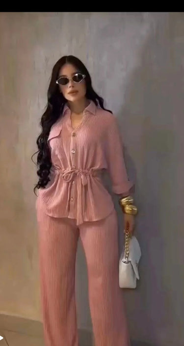 Luxe Essence Pleated Pant Set - Pink close up of pleated top design and fabric detail