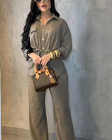 Luxe Essence Pleated Pant Set - Stone front view showing complete two piece pant set