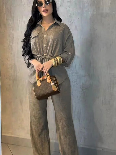 Luxe Essence Pleated Pant Set - Stone front view showing complete two piece pant set