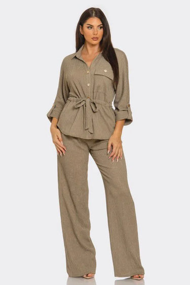 Luxe Essence Pleated Pant Set - Stone close up of pleated top design and fabric detail