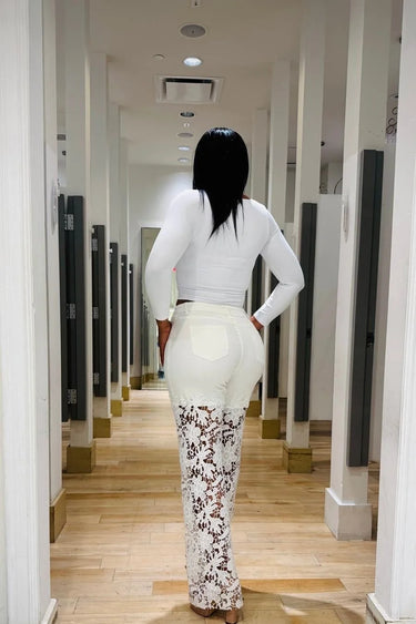 Luxe Floral Lace Stretch Pants side view showing pants leg shape and fit
