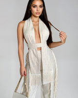 Luxe Fringe Halter Pant Set - Natural - Palazzo Couture Online