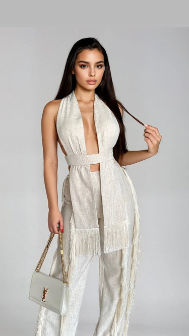 Luxe Fringe Halter Pant Set - Natural - Palazzo Couture Online