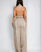 Luxe Fringe Halter Pant Set - Natural - Palazzo Couture Online