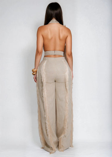Luxe Fringe Halter Pant Set - Natural - Palazzo Couture Online