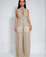 Luxe Fringe Halter Pant Set - Natural - Palazzo Couture Online