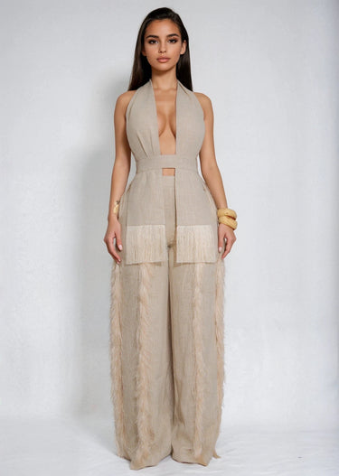Luxe Fringe Halter Pant Set - Natural - Palazzo Couture Online