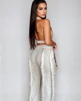 Luxe Fringe Halter Pant Set - Natural - Palazzo Couture Online