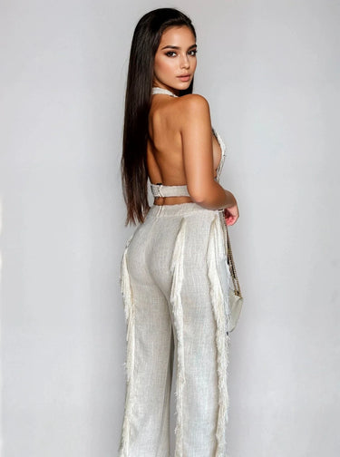 Luxe Fringe Halter Pant Set - Natural close up of halter top design and fabric detail