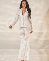 Luxe Lace Blazer & Flare Pant Set - White front view showing complete two piece pant set