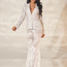 Luxe Lace Blazer & Flare Pant Set - White front view showing complete two piece pant set