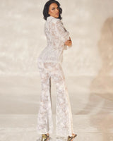 Luxe Lace Blazer & Flare Pant Set - White close up of blazer top design and fabric detail