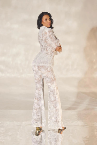 Luxe Lace Blazer & Flare Pant Set - White close up of blazer top design and fabric detail