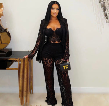 Luxe Lace Elegance 3 - Piece Pant Set - Black - Palazzo Couture Online