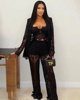 Luxe Lace Elegance 3-Piece Pant Set -Black front view showing complete two piece pant set